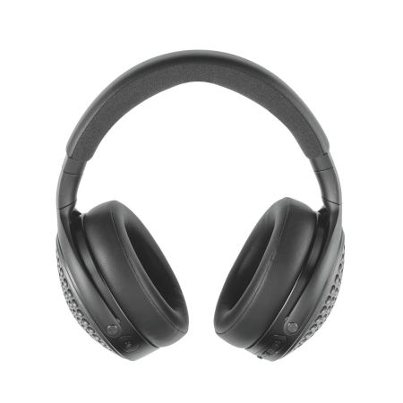 Black over-ear headphones with cushioned ear cups and adjustable headband, shown against a white background, front view. shows on-ear controls near bottom edge (image focus on headphone.