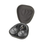 Open zippered protective case showing two black over-ear headphones with perforated ear cups and coiled cable inside
