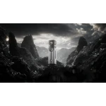 Silver portable speaker on a rocky, crystal-strewn landscape under a dramatic cloudy sky.