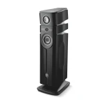 Tall black floor-standing speaker with multiple circular drivers and a slim silver-accented center column, mounted on a pedestal base.