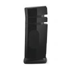Tall black floor-standing speaker composed of four stacked modules on a rounded base, glossy panels.