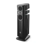 Floor-standing, multi-driver loudspeaker in a sleek black enclosure on a base, designed for home audio.