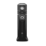 Black floor-standing speaker with three circular drivers and a sturdy base, viewed from the front.