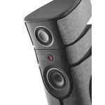 Close-up of a sleek floor-standing speaker with a large woofer and charcoal fabric panels.