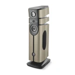 Tall floor-standing speaker with multiple drivers in a metallic beige cabinet and black base design.