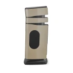 Tall beige vertical device with three curved panels stacked around a dark central column and a black rounded base; a modern, modular architectural heater/air purifier look.