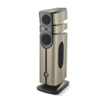 Tall floor-standing speaker with three stacked enclosures and gold panels on a black base.