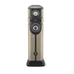 Tall floor-standing speaker with beige sides and a black front, featuring two large drivers and a central midrange/tweeter cluster on a slim pedestal base.