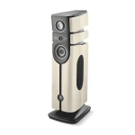 Tall multi-driver floor-standing speaker with beige panels and dark gray front, shown on a black pedestal base