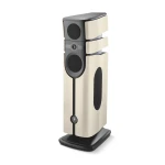 Tall floor-standing speaker with three beige panels and gray driver housing on a black pedestal base.