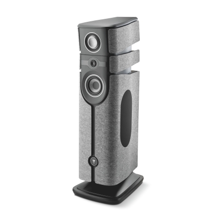 Floor-standing speaker with multiple drivers and grey fabric panels on the sides, mounted on a black base.