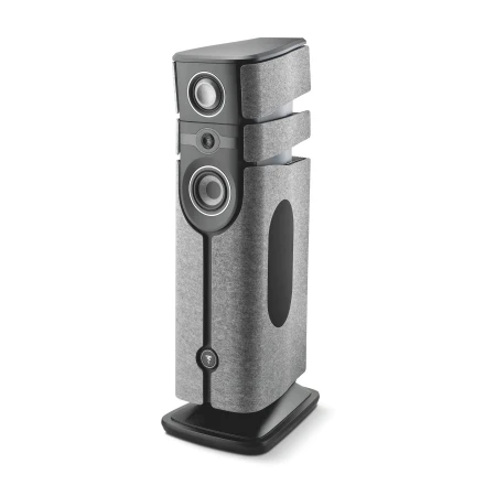 Floor-standing speaker with multiple drivers and grey fabric panels on the sides, mounted on a black base.