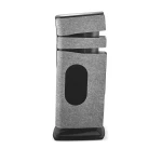 Vertical space heater with stacked fabric-wrapped panels and a black base, shown in a modern design.