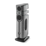 Tall floor-standing speaker with three large drivers and gray fabric panels.