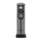 Tall floor-standing speaker with three drivers (small top, mid, large bottom) in a gray fabric cabinet and black front panel, standing on a black base.