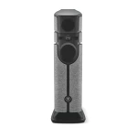 Tall floor-standing speaker with gray fabric panels and multiple drivers on a black chassis.