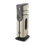 Tall floor-standing speaker with multiple drivers and beige fabric panels, black accents, and a rounded base.