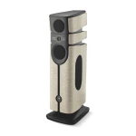 Tall floor-standing speaker with beige fabric panels and multiple black drivers on a dark base.
