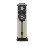 Floor-standing multi-driver speaker on a stand, tall black cabinet with a large bottom woofer and a top driver.