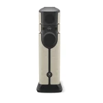 Tall black floor-standing speaker with beige padding panels, viewed front-on.