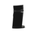 Black cordless electric shaver standing upright in a curved charging dock with a glossy finish