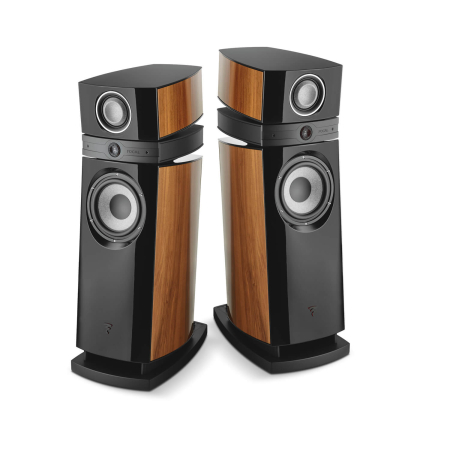 Pair of tall floor-standing speakers with black cabinets and wood veneer panels, angled toward each other.