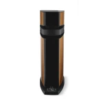Tall floor-standing loudspeaker with wood veneer sides and a glossy black front, mounted on a black base with a control panel.