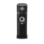 Tall black floor-standing speaker with a large bottom driver and a smaller top driver, glossy finish, on a rounded base.