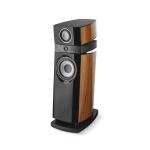 Tall floor-standing speaker with a glossy black cabinet and wood veneer side panels, featuring a large woofer at the base and a smaller driver above.