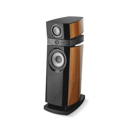 Tall floor-standing speaker with a glossy black cabinet and wood veneer side panels, featuring a large woofer at the base and a smaller driver above.