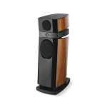 Floor-standing hi-fi speaker with black glossy cabinet and warm wood veneer panels, tall with large woofer at the bottom and smaller driver above.