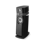 Tall black floor-standing loudspeaker with a large woofer at the base and a smaller driver above, part of a modern hi‑fi system