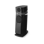 Tall, black floor-standing speaker with a separate top satellite, glossy panels, and base on a white background (audio equipment)