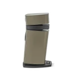 Three beige cabinet speakers stacked vertically on a black curved pedestal base.