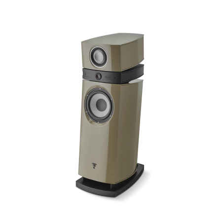 Beige floor-standing hi-fi speaker system with a large bottom woofer and a smaller top speaker on a black base, isolated on white.