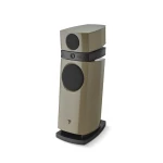 Beige two-piece floor-standing speaker system with a smaller top module and a large circular driver on each tower