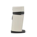 Floor-standing, cream-colored modular speaker stack on a curved black base with a small control panel at the bottom edge.