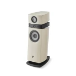 Cream floor-standing speaker with a small top speaker module and a large bottom woofer on a black curved base, labeled FOCAL on the midsection.