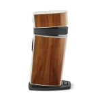 Floorstanding speaker with wood veneer panels and white frame on a black base, shown from a slight angle against a white background.