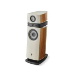 Tall floor-standing speaker with cream front panels, wood veneer sides, and a black plinth. The two-driver design sits atop a curved base, suggesting a high‑end hi‑fi speaker.