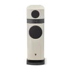White floor-standing speaker with two large black drivers and a slim gray midsection, standing on a black base.
